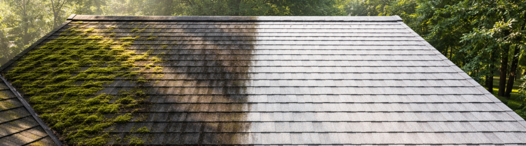 Before and after comparison of a moss-covered asphalt shingle roof showing professional moss removal results surrounded by trees