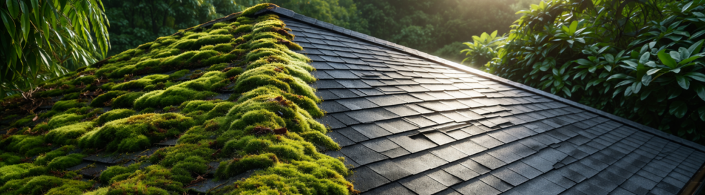Close-up of a moss-covered roof beside clean dark shingles surrounded by lush tropical greenery, highlighting the importance of roof moss treatment for homeowners