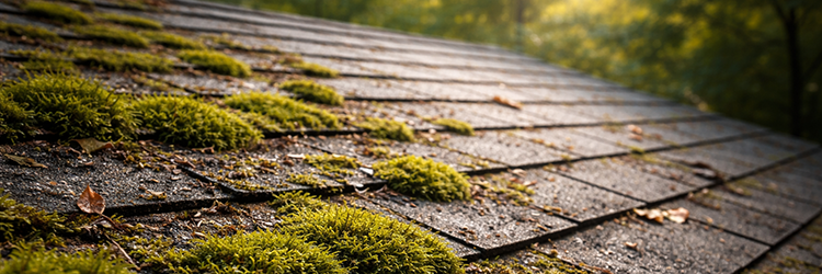 Moss spreading across dark roof shingles on a home surrounded by trees, showing early signs of organic growth requiring professional removal