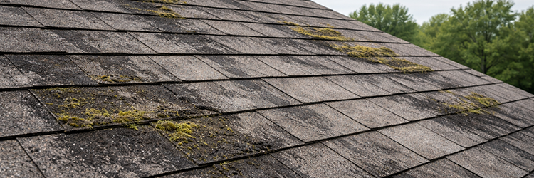 Worn residential roof shingles with scattered moss colonies and surface degradation indicating urgent need for professional moss removal and roof inspection