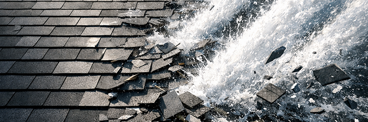 High-pressure water jet blasting apart asphalt roof shingles, illustrating the severe structural damage pressure washing can cause to roofing materials