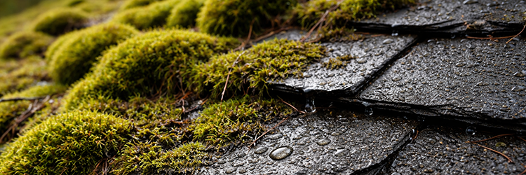 Close-up of thick moss clumps growing between wet slate roof shingles, showing how moisture trapped by moss can cause long-term roof damage
