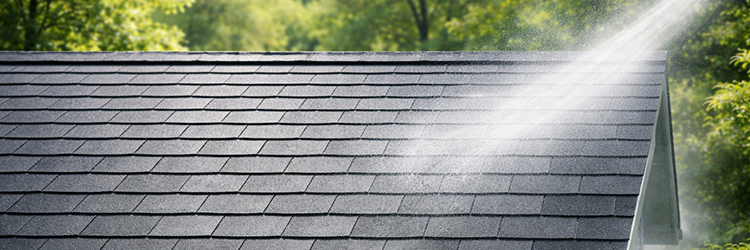 Professional soft wash treatment being applied to a clean asphalt shingle roof surrounded by lush trees, showing the safe and effective results of expert roof moss removal