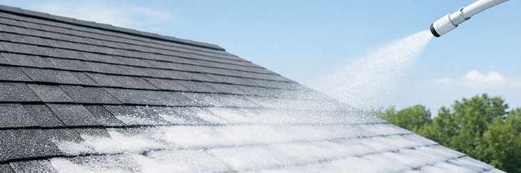 Professional soft washing treatment being applied to dark asphalt roof shingles using a low-pressure spray nozzle with foamy cleaning solution