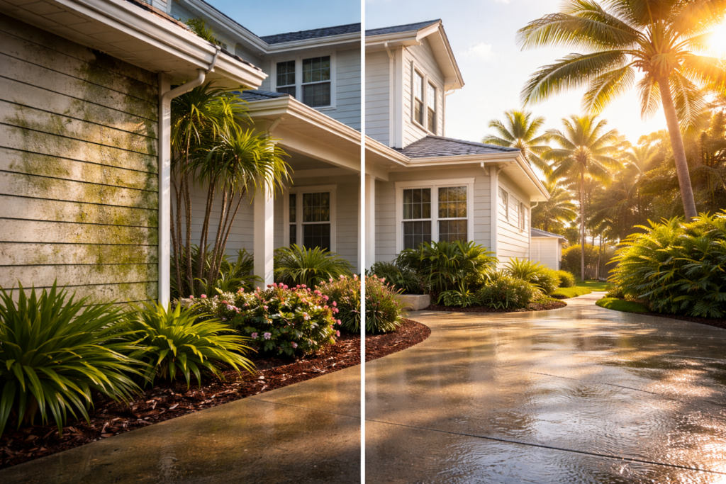 Residential Pressure Washing before and after image | How Often Should You Pressure Wash your home on the Treasure Coast?