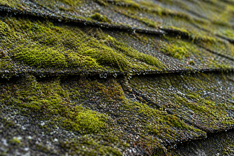 Close-up of thick green moss and moisture trapped between asphalt shingles, showing the damage caused by moss growth on a Florida roof