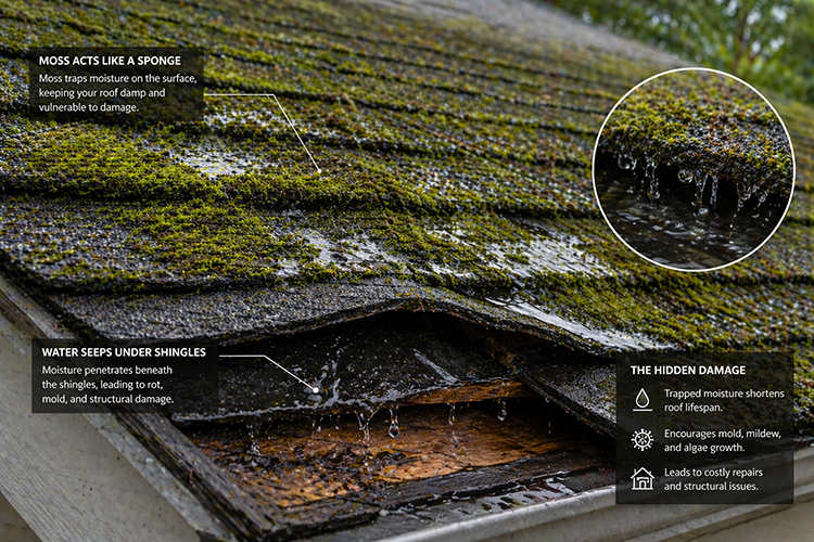 Diagram of moss-covered roof shingles with water penetrating underneath, illustrating hidden damage including mold growth, shortened roof lifespan, and costly structural repairs