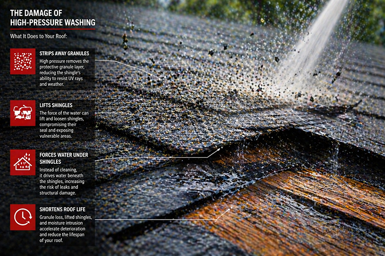 Infographic showing four ways high-pressure washing damages roof shingles, including granule loss, lifted shingles, water intrusion, and shortened roof life