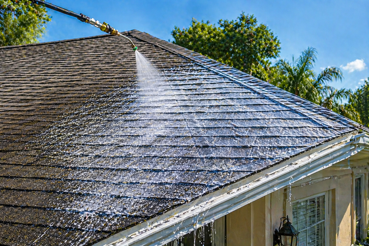Professional soft wash roof cleaning being applied to a Florida home's asphalt shingle roof, safely removing moss and algae without high-pressure damage