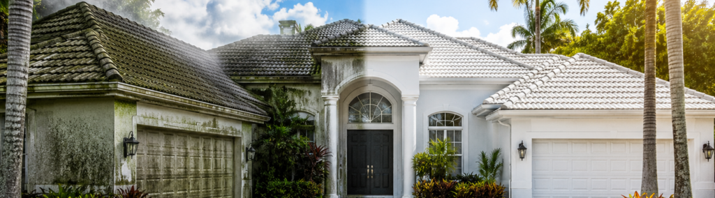Before and after soft wash pressure cleaning of a Florida home, showing dramatic transformation from algae-covered to bright white exterior and roof tiles