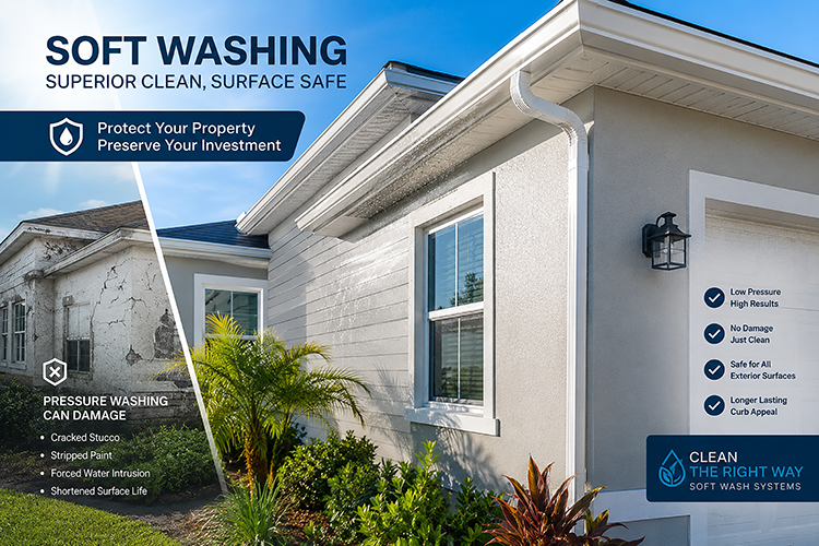 Infographic comparing soft washing versus pressure washing, showing damage risks of high-pressure cleaning versus the safe, effective results of soft wash systems