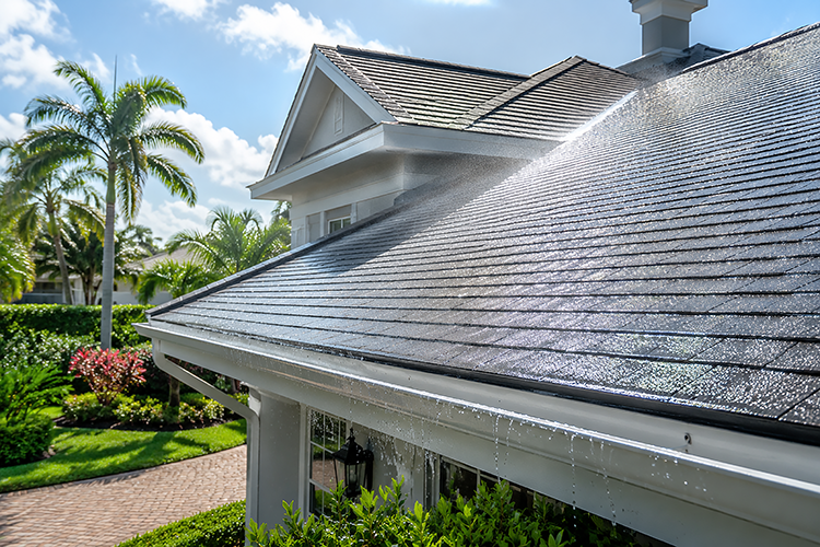 Professional soft wash roof cleaning service in progress on a Tampa Bay area home, gently rinsing away algae and stains with low pressure