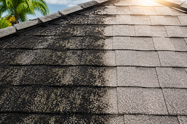 Split view of asphalt roof shingles showing algae-stained side versus soft wash cleaned side by Magic Bubbles
