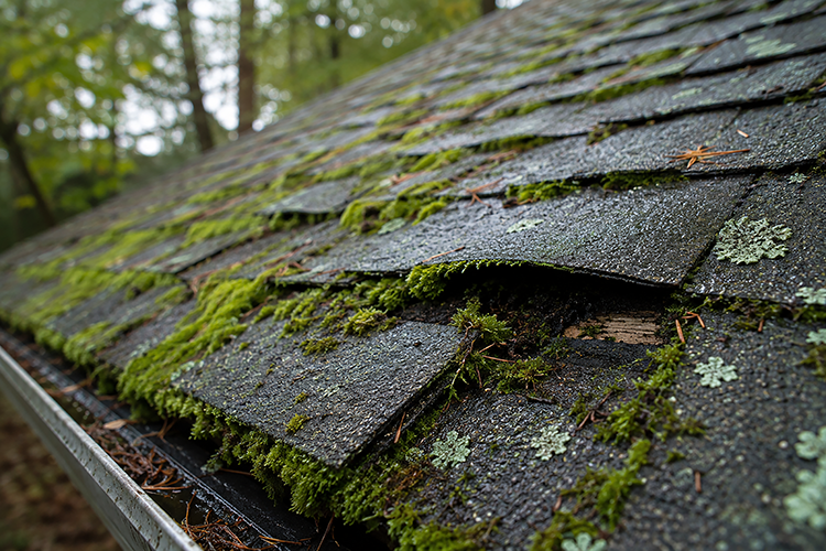 Heavy moss and algae buildup on curling asphalt roof shingles, the common cause of green stains and roof deterioration