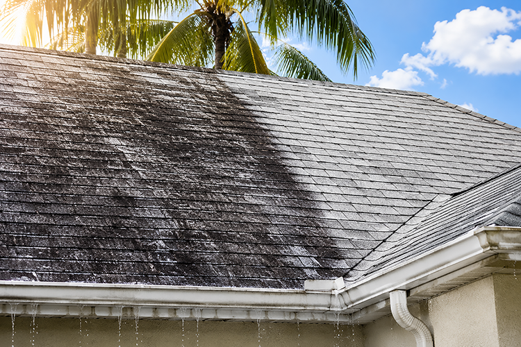 Black algae and mold streaks covering a Florida home's asphalt shingle roof, showing why soft wash pressure cleaning is needed