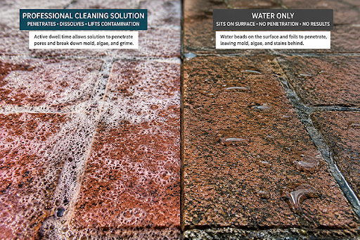 Professional cleaning solution foaming into brick pores versus water only beading on the surface, showing why chemical treatment outperforms pressure alone