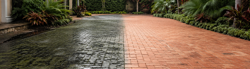 Comparison of a moss-covered brick driveway and the same driveway after professional pressure cleaning by Magic Bubbles on the Treasure Coast