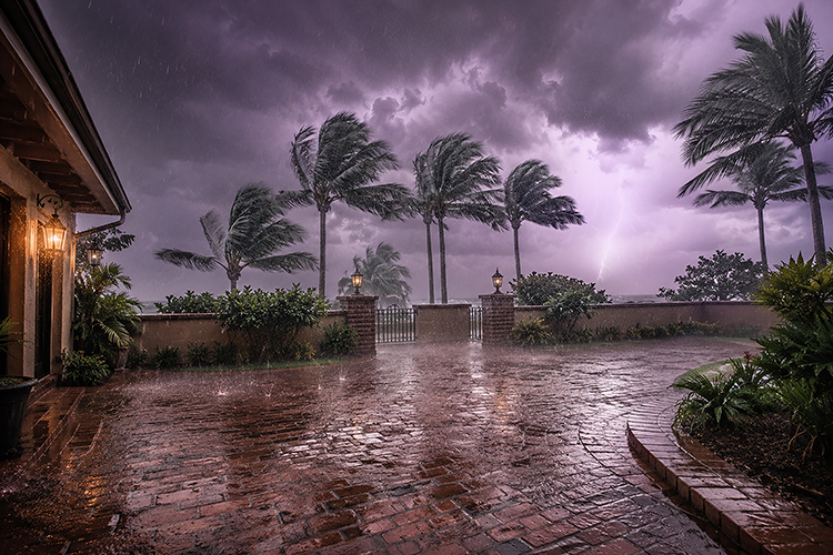 Tropical storm with lightning, heavy rain, and strong winds lashing a brick patio and palm trees on the Treasure Coast, showing Florida's extreme weather conditions