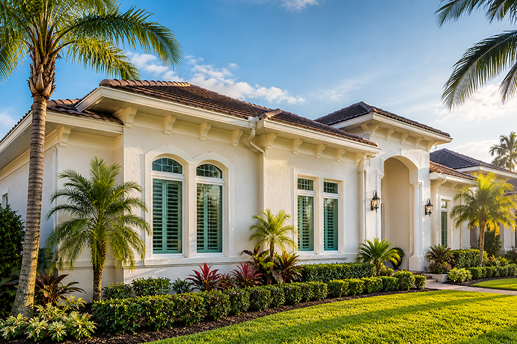 Stucco home with terracotta roof tiles surrounded by lush tropical landscaping in Stuart, FL, where Florida's warm, humid climate accelerates mold and algae buildup on home exteriors.