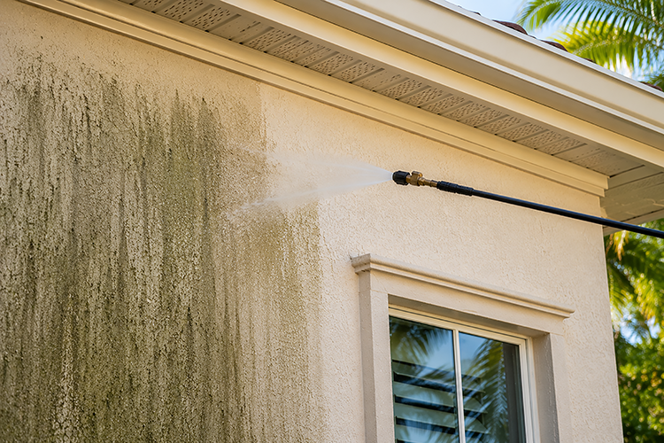 A pressure washing wand removing green algae and mold buildup from a stucco home exterior in Port St. Lucie, showing the before-and-after results of professional house washing.