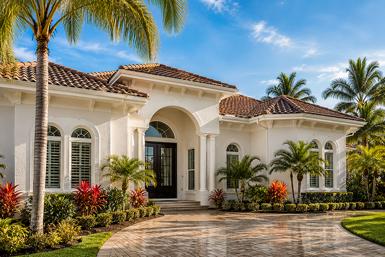 A pristine white stucco home with a terra cotta tile roof and paver driveway in Port St. Lucie, illustrating how professional soft washing safely preserves delicate exterior finishes.