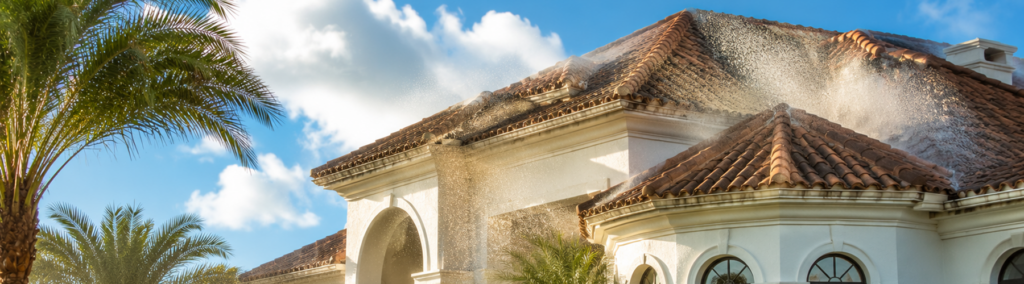 Soft washing spray removing algae and mold stains from a Spanish tile roof on a Stuart, FL home, with clean water arcing across terracotta tiles under a blue sky.