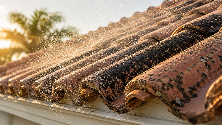 Water spraying across a mold-stained tile roof in Stuart, FL, illustrating how humidity and heat accelerate algae growth.
