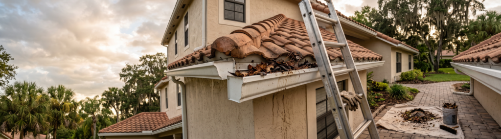 Clogged gutter filled with leaves and debris on a tile roofed home