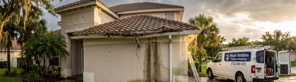 Tile roof home with dark water stains