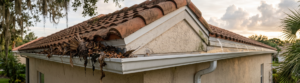 Clogged gutter filled with dried palm fronds and leaves
