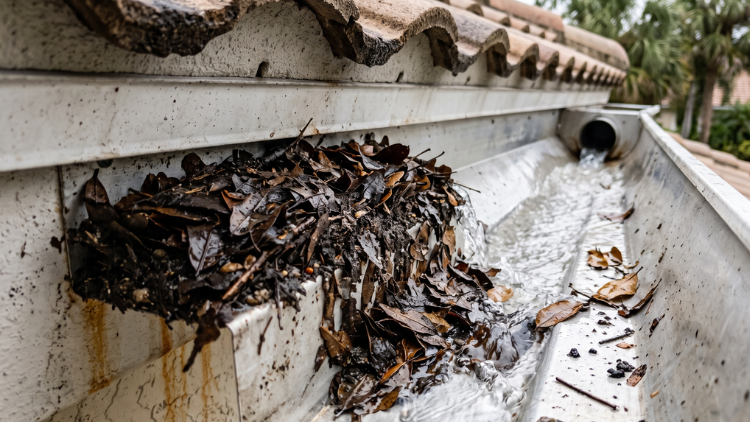A clogged gutter packed with wet leaves and debris