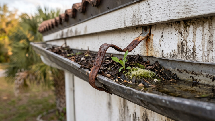 Rusted gutter bracket sagging under a buildup of decayed leaves