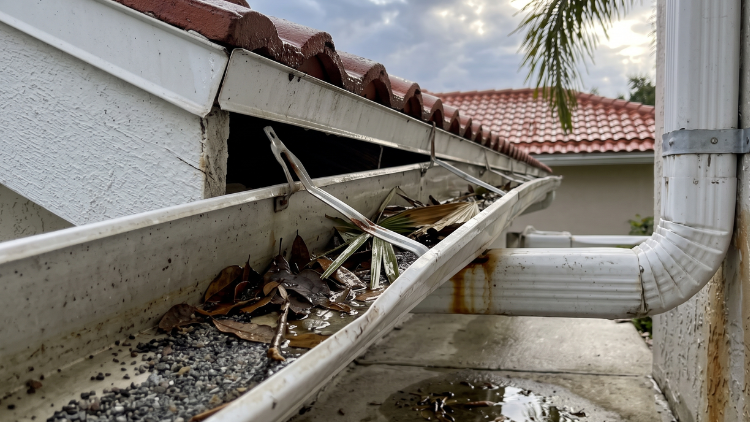 Rusted gutter clogged with dirt, debris, and standing water on a tile roof home