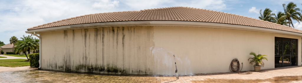 Before and after exterior wall cleaning results