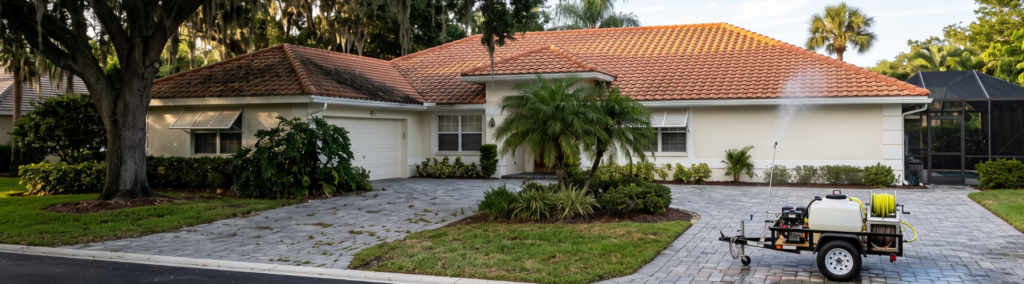Pressure washing service cleaning tile roof