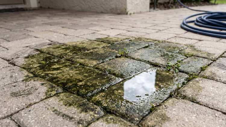 Algae and moss growing on pavers