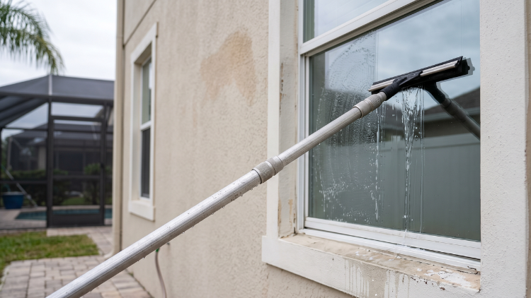 Water-fed pole washing window exterior